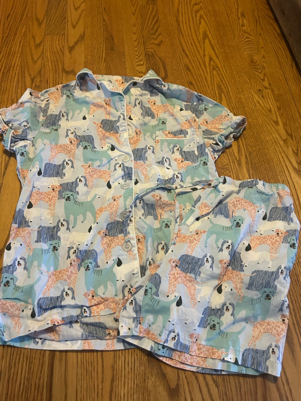 The Company Store Pajama Set in Pastel Blue & Coral Dog Print